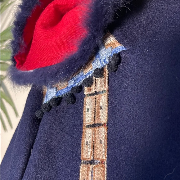 BOHO Navy Hooded Coat – Multi-Color Embroidery & Rabbit Fur Trim & Fringe Hem - Picture 10 of 16